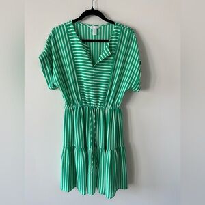 London Times Green Stripe Tiered Mini Dress Elastic Waist Size 4
